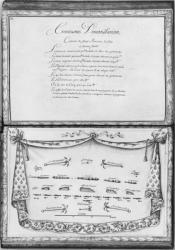 Cannons and anchors of a galley, thirtieth demonstration, plate 31, illustration from 'Demonstrations de toutes les pieces de bois, cloux et ferremens qui entrent dans la construction d'une galere...' (pencil & w/c on paper) (b/w photo) | Obraz na stenu