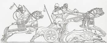 Hunting wild bull in ancient Assyria. From The Imperial Bible Dictionary, published 1889. | Obraz na stenu