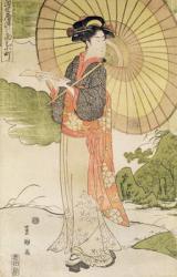 Standing woman with a parasol (colour woodblock print) | Obraz na stenu
