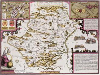 Hartfordshire and the situation of Hartford, engraved by Jodocus Hondius (1563-1612) from John Speed's 'Theatre of the Empire of Great Britain', pub. by John Sudbury and George Humble, 1611-12 (hand coloured copper engraving) | Obraz na stenu