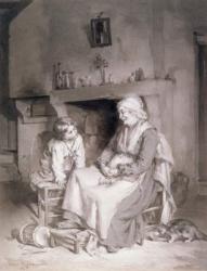 Interior with Old Woman and Boy, 1862 (pen & ink wash on paper) | Obraz na stenu