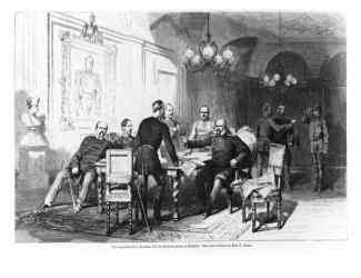 War council at Versailles Prefecture on 6th December 1870, illustration from 'Illustrierte Zeitung', 1871 (engraving) (b/w photo) | Obraz na stenu