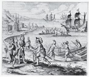 English Trading with Indians of the West Indies, from 'Americae', written and engraved by Theodor de Bry (1525-75), 1628 (engraving) | Obraz na stenu