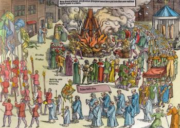 The Burning of the Remains of Martin Bucer (1491-1551) and Paul Fagius (1504-49) on Market Hill in Cambridge in 1557, from 'Acts and Monuments' by John Foxe (1516-87) 1563 (woodcut) (later colouration) | Obraz na stenu