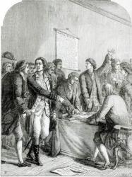 Signing the United States Declaration of Independence, engraved by J. Knight (engraving) (b/w photo) | Obraz na stenu