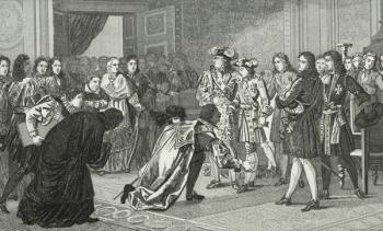 Louis XIV (1638-1715) the Sun King presents his grandson Philippe V (1683-1746) to the Spanish envoys, from 'Histoire de France' by Colart, published c.1840 (engraving) | Obraz na stenu