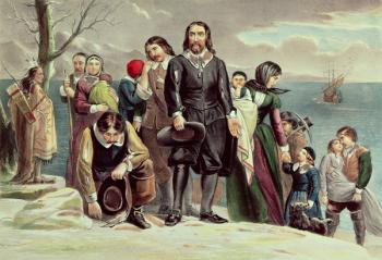 The Landing of the Pilgrims at Plymouth, Massachusetts, December 22nd 1620 published by Currier & Ives (colour litho) (see also 97927) | Obraz na stenu