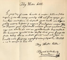 Sample of the handwriting of Miguel Saavedra de Cervantes in a letter written by him to Archbishop of Toledo March 26, 1616. Miguel Saavedra de Cervantes, 1547-1616. Spanish writer, author of Don Quixote de la Mancha. | Obraz na stenu