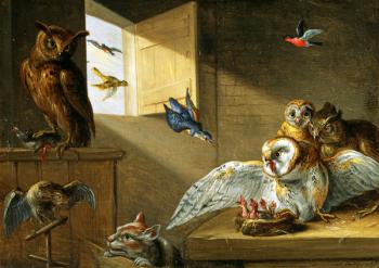 A Family of Owls, other Birds and a Cat (oil on copper) | Obraz na stenu