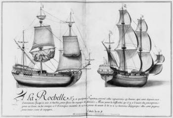 Frigates, La Rochelle, illustration from 'Desseins des differentes manieres de vaisseaux...depuis Nantes jusqu'a Bayonne...', 1679 (pencil & w/c on paper) (b/w photo) | Obraz na stenu
