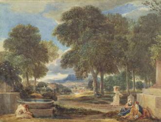 Landscape with a Man Washing his Feet at a Fountain, after Nicolas Poussin (1594-1665) (w/c on paper) | Obraz na stenu