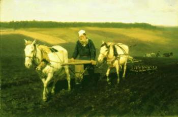 The writer Lev Nikolaevich Tolstoy ploughing with horses, 1889 (oil on canvas) | Obraz na stenu