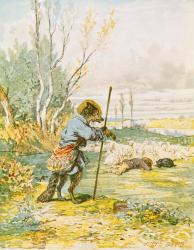 The Wolf as a Shepherd, from the 'Fables' by Jean de La Fontaine (1621-95) (colour litho) | Obraz na stenu