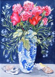 Roses, Carnations and Lobelia in a Blue and White Vase,3 Shells Textiles 2011(water colour) | Obraz na stenu