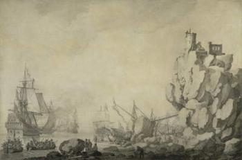 Ships and militia by a rocky shore, c.1680 (pen & ink on prepared canvas) | Obraz na stenu