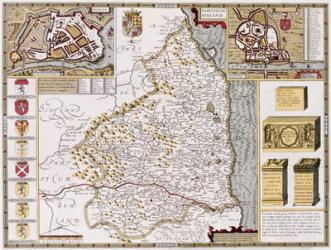 Northumberland, engraved by Jodocus Hondius (1563-1612) from John Speed's 'Theatre of the Empire of Great Britain', pub. by John Sudbury and George Humble, 1611-12 (hand coloured copper engraving) | Obraz na stenu