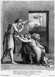 Andromache at the feet of Pyrrhus, illustration from Act III Scene 7 of 'Andromaque' by Jean Racine (1639-99) engraved by Henri Marais (b. c.1768) (engraving) (b/w photo) | Obraz na stenu