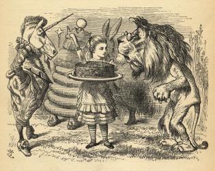 The sharing of the cake between the Lion and the Unicorn, illustration from 'Through the Looking Glass' by Lewis Carroll (1832-98) first published 1871 (litho) | Obraz na stenu
