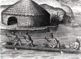 Florida Indians Storing their Crops in the Public Granary, from 'Brevis Narratio', engraved by Theodore de Bry (1528-98) 1591 (engraving) (b&w photo) (see also 223434) | Obraz na stenu