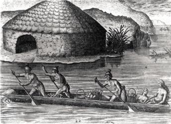 Florida Indians Storing their Crops in the Public Granary, from 'Brevis Narratio', engraved by Theodore de Bry (1528-98) 1591 (engraving) (b&w photo) (see also 223434) | Obraz na stenu