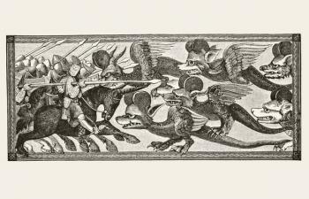 How Alexander fought the Dragons with Sheep's Horns upon their Foreheads, from 'Science and Literature in the Middle Ages' by Paul Lacroix (1806-84) published London 1878 (litho) | Obraz na stenu
