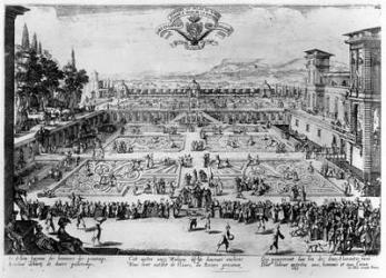 The Garden at the Palais de Nancy, dedicated to the Duchess of Lorraine, 1624 (engraving) (b/w photo) | Obraz na stenu