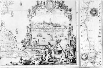 View of Quebec, cartouche of a map depicting St. Lawrence River from Sorel, 1699 (engraving) (b/w photo) | Obraz na stenu