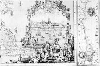 View of Quebec, cartouche of a map depicting St. Lawrence River from Sorel, 1699 (engraving) (b/w photo) | Obraz na stenu