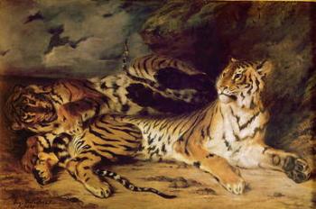 Young tiger playing with his mother, 1830 (oil on canvas) | Obraz na stenu