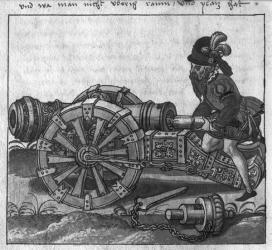 Loading a Cannon through the Breech, illustration from 'L'Art de l'Artillerie' by Wolff de Senftenberg, late 16th century (pencil & w/c on paper) (b/w photo) | Obraz na stenu