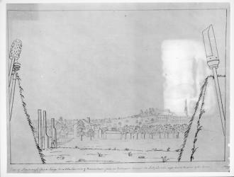 View of Roxborough Church, Kings Arms and the chimneys of Browns House, from an embrasure between the sally port and the right hand bastion of the lines, 1776 (pen & ink on paper) | Obraz na stenu