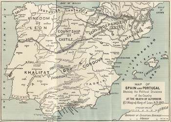 Map of Spain and Portugal showing the political divisions in the country at the death of Alfonso III, King of Leon, from 'Spain: A Summary of Spanish History from the Moorish Conquest to the Fall of Granada, 711-1492', by Henry Edward Watts, published in  | Obraz na stenu