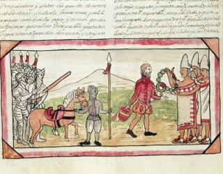 Fol.208v Meeting of Hernando Cortes (1485-1547) and Montezuma (1466-1520), miniature from the 'History of the Indians' by Diego Duran, 1579 (vellum) | Obraz na stenu