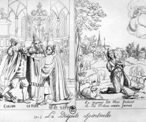 Caricature depicting a Spiritual Dispute between Pope Leo X (1476-1521) Martin Luther (1483-1546) and John Calvin (1509-64) 1838 (engraving) (b/w photo) | Obraz na stenu