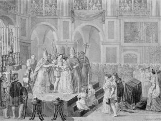 The Marriage of Henri III (1553-1610) and Marguerite of France (1553-1615) in 1572, 1832 (engraving) (b/w photo) | Obraz na stenu