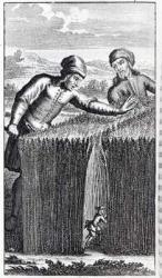 Gulliver is discovered by a farmer in Brobdingnag, illustration from 'Gulliver's Travels' by Jonathan Swift (engraving) | Obraz na stenu