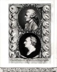 Portraits of the Encyclopaedists Jean Le Rond d'Alembert (1717-83) and Denis Diderot (1713-84) 1751-72 (engraving) (b/w photo) | Obraz na stenu