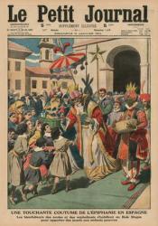 A touching Epiphany custom in Spain, the benefactors of schools and orphanages dressed up as Magi giving toys to poor children, front cover illustration from 'Le Petit Journal', supplement illustre, 11th January 1914 (colour litho) | Obraz na stenu