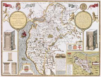 Cumberland and the Ancient City of Carlile, engraved by Jodocus Hondius (1563-1612) from John Speed's 'Theatre of the Empire of Great Britain', pub. by John Sudbury and George Humble, 1611-12 (hand coloured copper engraving) | Obraz na stenu