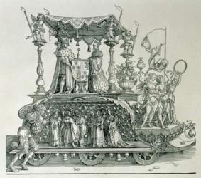 The Burgundian Marriage or the Triumphal Procession of Emperor Maximilian I of Germany (1459-1519) showing the wedding chariot of Maximilian and Mary of Burgundy (1458-82) steered by the figure of Victory, pub. 1526 (woodcut) | Obraz na stenu
