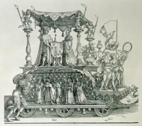 The Burgundian Marriage or the Triumphal Procession of Emperor Maximilian I of Germany (1459-1519) showing the wedding chariot of Maximilian and Mary of Burgundy (1458-82) steered by the figure of Victory, pub. 1526 (woodcut) | Obraz na stenu