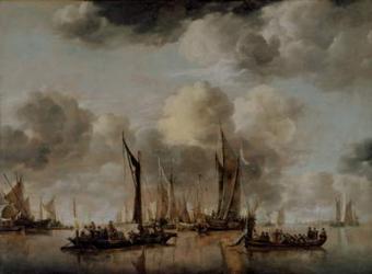 A Dutch Yacht Firing a Salute as a Barge Pulls Away, 1650 (oil on panel) | Obraz na stenu