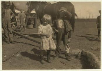 Cotton picker aged 4 who picks 15 pounds a day regularly and 7 year old who picks 50. They move from farm to farm and live in emigrant wagons, McKinney, Texas, 1913 (b/w photo) | Obraz na stenu