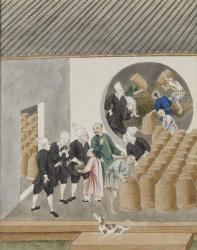 Turbanned Dutch VOC merchants smell tea for quality in a Canton (Guangzhou) tea warehouse, c.1770 (gouache on paper) | Obraz na stenu