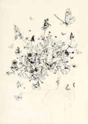 Girl with butterflies, 2013, black ink, pencil, old paper | Obraz na stenu