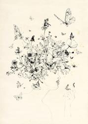 Girl with butterflies, 2013, black ink, pencil, old paper | Obraz na stenu