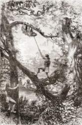 Native Indians capturing a tree sloth on the Oyapock or Oiapoque River, South America (engraving) | Obraz na stenu