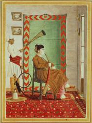 A portrait of a European gentleman in Indian dress seated before an open window smoking a hookah, Lucknow, Company School (gouache on paper) | Obraz na stenu