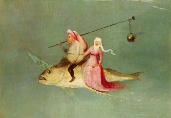 The Temptation of St. Anthony, right hand panel, detail of a couple riding a fish (oil on panel) (see 35965) | Obraz na stenu