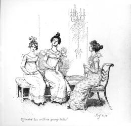 'Offended two or three young ladies', the Bingley sisters from 'Pride and Prejudice' by Jane Austen, 1894 (engraving) (b/w photo) | Obraz na stenu